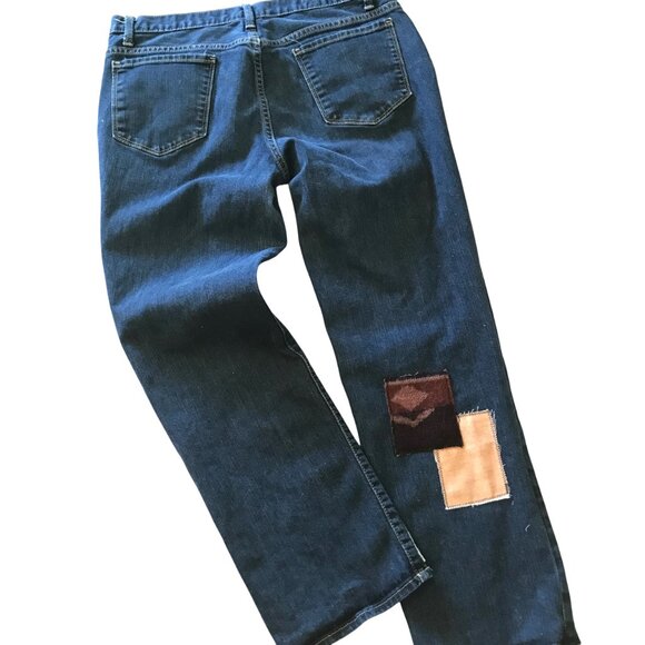 Upcycled Southwest Patchwork Jeans, Women’s 12P: Handmade Aztec Tribal Patches - Picture 3 of 12